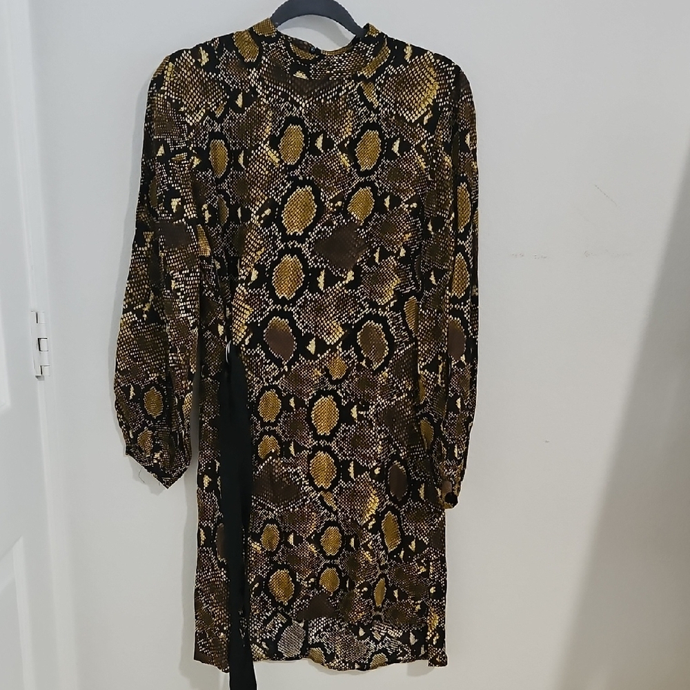 Zara Long Sleeve Snake Print Dress - Black, Brown, Gold